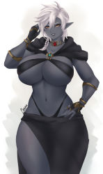 Rule 34 | 1girl, breasts, colored skin, commission, dark-skinned female, dark skin, elezen, elf, final fantasy, final fantasy xiv, grey skin, hand on own hip, highres, huge breasts, jewelry, lips, looking at viewer, nastart, navel, necklace, parted lips, pointy ears, short hair, smile, white hair, wide hips, yellow eyes
