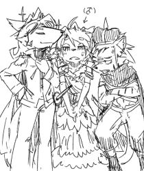 Rule 34 | 3boys, animal ear fluff, animal ears, animal nose, arrow (symbol), blush, body fur, boots, cape, clenched teeth, closed eyes, closed mouth, crossdressing, crossed arms, crown, dress, epaulettes, furry, furry male, half-closed eyes, hand on own hip, hand on own chest, hand up, happy, jacket, kame (3t), light blush, long sleeves, looking at viewer, male focus, mars symbol, multiple boys, original, own hands together, pants, raised eyebrow, shaded face, short hair, short sleeves, simple background, smile, snout, sparkle, split mouth, standing, straight-on, striped fur, sweat, tail, teeth, tiara, tiger boy, tiger ears, tiger tail, trap, v arms, white background