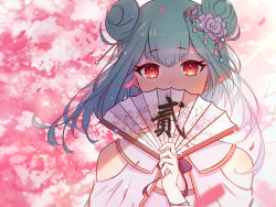 Rule 34 | 1girl, absurdres, bare shoulders, blurry, blush, cherry blossoms, china dress, chinese clothes, commentary request, covering own mouth, depth of field, double bun, dress, earrings, floral print, flower, green hair, hair bun, hair flower, hair ornament, hand fan, highres, holding, holding fan, hololive, huge filesize, jewelry, light rays, medium hair, mus-pai, nose blush, paper fan, petals, purple neckwear, purple ribbon, red eyes, ribbon, upper body, uruha rushia, virtual youtuber