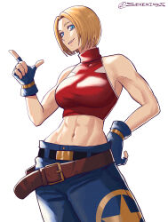 Rule 34 | 1girl, artist name, blonde hair, blue eyes, blue mary, breasts, denim, fatal fury, hand on own hip, highres, index finger raised, jeans, large breasts, legs, looking at viewer, midriff, navel, pants, parted lips, pink lips, short hair, smile, snk, solo, the king of fighters, thick thighs, thighs, toned