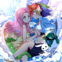 Rule 34 | 2girls, angel (my little pony), aqua eyes, bare shoulders, rabbit, caibao return, cloud, female focus, fluttershy, frilled shirt, frilled skirt, frills, goggles, green eyes, green skirt, holding hands, highres, interlocked fingers, long hair, multicolored hair, multiple girls, my little pony, my little pony: friendship is magic, open clothes, open shirt, personification, pink hair, rainbow dash, shirt, short hair, shorts, skirt, sky, smile, tank (my little pony), tareme, tortoise, turtle, very long hair, wings, yellow shirt, yuri