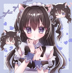 Rule 34 | &gt; &lt;, 1girl, :d, :o, ;q, animal ears, assault lily, black bow, black hair, blue border, blush, border, bow, breasts, candy, cat ears, cat girl, chibi, chibi inset, cleavage, closed eyes, commentary request, detached sleeves, drill hair, fang, food, frilled sleeves, frills, grey background, grey bow, grey shirt, hair between eyes, hair bow, hands up, heart, heart-shaped lollipop, highres, jewelry, kemonomimi mode, lollipop, long hair, looking at viewer, maid, medium breasts, mi (unjour), multiple views, official alternate costume, one eye closed, open mouth, outside border, parted lips, polka dot, polka dot background, puffy detached sleeves, puffy short sleeves, puffy sleeves, purple eyes, raised eyebrows, ring, shaped lollipop, shirt, short sleeves, sleeve bow, sleeveless, sleeveless shirt, smile, sparkle, tongue, tongue out, twin drills, two side up, upper body, wrist cuffs, yokota haruna
