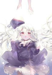 Rule 34 | 1girl, albino, bad id, bad pixiv id, buttons, clothes lift, coat, double-breasted, dress, dress lift, ekita kuro, fate/stay night, fate (series), floating hair, frills, fur hat, glowing, gradient background, hands up, hat, highres, illyasviel von einzbern, light particles, light rays, long hair, long sleeves, looking up, out of frame, papakha, purple hat, reaching, red eyes, solo focus, triangle, very long hair, white hair