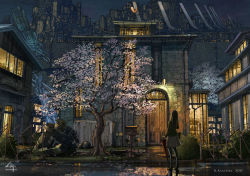 Rule 34 | 1girl, bag, black hair, building, bush, cherry blossoms, city, city lights, dated, door, fence, from behind, graphite (medium), grass, green jacket, grey skirt, holding, holding umbrella, house, jacket, k kanehira, long hair, long sleeves, night, original, outdoors, pantyhose, plant, pleated skirt, postbox, puddle, reflection, road, ruins, scenery, science fiction, shoes, shoulder bag, signature, skirt, solo, standing, street, traditional media, tree, umbrella, window