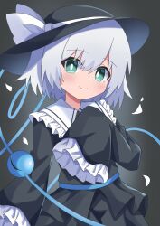 Rule 34 | 1girl, absurdres, alternate color, black background, black shirt, black skirt, blush, bow, commentary request, cowboy shot, frilled shirt collar, frilled sleeves, frills, glowing, green eyes, hair between eyes, hand up, hat, hat bow, hat ribbon, high meron, highres, komeiji koishi, looking at viewer, petals, ribbon, shirt, short hair, simple background, skirt, skirt set, smile, solo, third eye, touhou, very long sleeves, white bow, white hair, white ribbon, wide sleeves