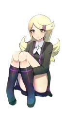 Rule 34 | 1girl, ace trainer (pokemon), astrid (pokemon), blush, breasts, byte (grunty-hag1), closed mouth, collared shirt, creatures (company), full body, game freak, hair ornament, kneehighs, long hair, looking at viewer, nintendo, pokemon, pokemon xy, shirt, simple background, skirt, smile, socks, solo, white background