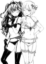 Rule 34 | 2girls, :3, ahoge, arm strap, blush, bow, bow panties, bra, breasts, choker, feet out of frame, finger to own chin, frilled bra, frilled thighhighs, frills, garter belt, garter straps, gloves, greyscale, hair bow, hamao, highres, ichinose shiki, idolmaster, idolmaster cinderella girls, index finger raised, lazy lazy (idolmaster), lingerie, long hair, looking at viewer, medium breasts, miyamoto frederica, monochrome, multiple girls, one eye closed, panties, parted lips, short hair, simple background, smile, thighhighs, two side up, underwear, underwear only, wavy hair