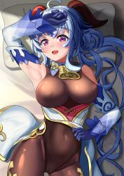 Rule 34 | 1girl, ahoge, arm up, armpits, bed sheet, bell, black leotard, black pantyhose, blue gloves, blue hair, blush, bodystocking, bodysuit, breasts, clothes lift, covered erect nipples, covered navel, detached sleeves, dorachan r, ganyu (genshin impact), genshin impact, gloves, gold trim, groin, highres, horns, leotard, leotard under clothes, lifted by self, long hair, looking at viewer, lying, medium breasts, neck bell, on back, open mouth, pantyhose, pelvic curtain, pelvic curtain lift, pillow, purple eyes, sidelocks, smile, solo, thigh gap, thighlet, white sleeves