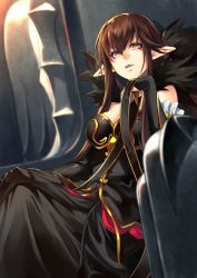 Rule 34 | 1girl, black dress, black hair, breasts, bridal gauntlets, brown hair, chair, cleavage, detached sleeves, dress, fate/apocrypha, fate/grand order, fate (series), fur trim, hair between eyes, hand on own chin, large breasts, long dress, long hair, pointy ears, semiramis (fate), shimotsuki shio, sitting, solo, throne, very long hair, yellow eyes