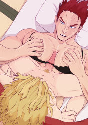 Rule 34 | 2boys, blonde hair, boku no hero academia, erection, hawks (boku no hero academia), highres, lying, male focus, multiple boys, muscular, pectorals, penis, reallycorking, red hair, size difference, straddling, endeavor (boku no hero academia), yaoi