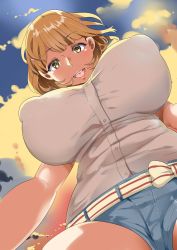 Rule 34 | 10s, 1girl, absurdres, breasts, brown eyes, brown hair, covered erect nipples, from below, hair ornament, hairclip, highres, huge breasts, jpeg artifacts, looking at viewer, looking down, narusawa ryouka, occultic;nine, shirt tucked in, short hair, short shorts, shorts, smile, solo, thighs, yac (mokkori)