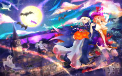 Rule 34 | 1boy, 1girl, bat (animal), blonde hair, braid, breasts, broom, broom riding, building, candy, cape, city, cleavage, clock, clock tower, cloud, demon, dress, eating, flying, food, full moon, ghost, green eyes, halloween, hand on own head, hat, jack-o&#039;-lantern, lake, lollipop, long hair, magic, moon, mouth hold, night, night sky, num (zombie headline), one eye closed, original, pink hair, puffy sleeves, pumpkin, red eyes, shoes, short sleeves, skirt, sky, sparkle, star (sky), stitches, thighhighs, tower, twin braids, wink, witch hat