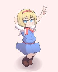 Rule 34 | 1girl, alice margatroid, arm behind head, arms up, blonde hair, blue dress, blue eyes, blush, boots, brown footwear, capelet, closed mouth, commentary request, cookie (touhou), derivative work, dress, flat chest, full body, hairband, highres, ichigo (cookie), looking at viewer, madore, puffy short sleeves, puffy sleeves, red hairband, red sash, red scarf, sash, scarf, short sleeves, simple background, smile, solo, standing, touhou, v, white capelet