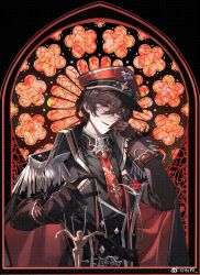 Rule 34 | 1boy, aiguillette, ayn alwyn, belt, belt buckle, black background, black belt, black cape, black gloves, black hair, black jacket, black shirt, buckle, buttons, cape, collared cape, corsage, crossed bangs, diamond button, double-breasted, epaulettes, flower, fur-trimmed sleeves, fur trim, gloves, hair between eyes, hand on own face, hat, highres, jacket, lapels, long sleeves, looking at viewer, lovebrush chronicles, male focus, military hat, military uniform, necktie, notched lapels, parted lips, peaked cap, puppet, puppet strings, red cape, red eyes, red flower, red hat, red necktie, shiling, shirt, short hair, sleeve cuffs, smile, smirk, solo, stained glass, two-sided cape, two-sided fabric, uniform, upper body, weibo logo, weibo watermark
