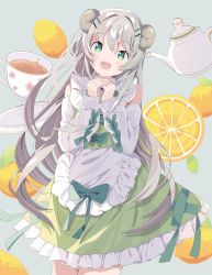 Rule 34 | 1girl, :d, apron, bare shoulders, bow, commentary, cup, curled horns, dress, food, frilled apron, frilled dress, frills, fruit, green bow, green dress, green eyes, grey background, grey hair, hair between eyes, hands up, head tilt, highres, horns, lemon, lemon slice, long hair, long sleeves, looking at viewer, open mouth, original, own hands together, puffy long sleeves, puffy sleeves, saucer, sleeves past wrists, smile, solo, symbol-only commentary, tantan men (dragon), tea, teacup, teapot, very long hair, waist apron, white apron