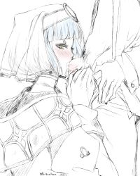 Rule 34 | 1boy, 1girl, artist name, blue hair, blush, clothed sex, cum, cum in mouth, eyelashes, fellatio, fire emblem, fire emblem echoes: shadows of valentia, from side, half-closed eyes, headdress, hetero, highres, monochrome, mr-poritan, nintendo, oral, penis, profile, robe, short hair, silque (fire emblem), simple background, sketch, solo focus, source request, thick eyebrows, upper body, veil, yellow eyes