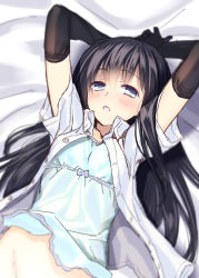 Rule 34 | 10s, 1girl, arms up, asashio (kancolle), black gloves, black hair, blue eyes, blurry, blush, bottomless, coffee cat, depth of field, elbow gloves, gloves, kantai collection, long hair, lying, on back, parted lips, sketch, solo