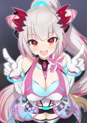 Rule 34 | 1girl, alternate costume, between breasts, breasts, choker, demon tail, hair ornament, highres, honey strap, jyaco, long hair, looking at viewer, microphone, nanashi inc., necktie, necktie between breasts, open clothes, pink hair, ponytail, red eyes, suou patra, tail, thighs, virtual youtuber