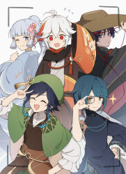 Rule 34 | +++, 1girl, 4boys, :d, ^ ^, adjusting clothes, adjusting eyewear, adjusting headwear, akahito (genshin impact), antenna hair, aqua hair, arm up, ayaka (genshin impact), beret, black hair, black kimono, blue hair, blue kimono, blunt bangs, blush, braid, brown headwear, brown kimono, cape, capelet, changpao, chinese clothes, closed eyes, closed mouth, commentary request, crossed bangs, expressionless, eyelashes, eyeshadow, flower, flower knot, flying sweatdrops, frilled sleeves, frills, genshin impact, gradient hair, green capelet, green headwear, hair between eyes, hair flower, hair ornament, hand on own hip, hand up, haori, hat, hei lang, high ponytail, highres, jacket, japanese clothes, kaedehara kazuha, kimono, kuronushi (genshin impact), leaf print, long hair, long sleeves, looking at viewer, looking to the side, low ponytail, makeup, maple leaf print, medium hair, mole, mole under eye, monocle, multicolored hair, multiple boys, one eye closed, open clothes, open jacket, open mouth, parted bangs, pink flower, pom pom (clothes), ponytail, purple eyes, raised eyebrows, red eyes, red eyeshadow, red hair, red ribbon, ribbon, scaramouche (genshin impact), shirt, short hair, side braid, sidelocks, simple background, smile, streaked hair, suikou (genshin impact), sumizome (genshin impact), tassel, twin braids, venti (genshin impact), white background, white cape, white hair, white shirt, wide sleeves, xingqiu (aoi no okina) (genshin impact), xingqiu (genshin impact), yellow eyes