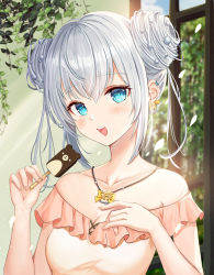 Rule 34 | 1girl, aqua eyes, collarbone, ear ornament, food, frills, grey hair, hand up, highres, holding, holding food, ice cream, indoors, kottungyang, looking at viewer, looking to the side, original, tareme, two side up, white hair