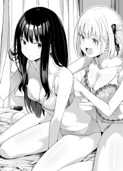 Rule 34 | + +, 2girls, :d, adjusting hair, between legs, breasts, chicke iii, cleavage, collarbone, commentary, greyscale, hair ribbon, hand between legs, highres, indoors, inoue takina, large breasts, long hair, looking back, lycoris recoil, medium breasts, monochrome, multiple girls, nishikigi chisato, on bed, open mouth, ribbon, short hair, sitting, smile, sweatdrop, symbol-only commentary, underwear, underwear only, wariza