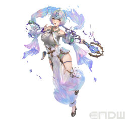 Rule 34 | 1girl, breasts, damaged, fire emblem, fire emblem heroes, floating, floating object, full body, gradient clothes, large breasts, multicolored eyes, multicolored hair, nintendo, official art, open pants, pants, seidr (fire emblem), short hair, solo, thick thighs, thigh strap, thighs, torn clothes, weapon, yoshiku (oden-usagi)