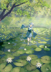 1girl absurdres blue_eyes blue_hair blue_kimono branch dappled_sunlight detached_sleeves fins fish_tail flower full_body gawr_gura gawr_gura_(new_year) highres hololive hololive_english japanese_clothes kimono lily_pad looking_at_viewer open_mouth outdoors ripples scenery shark_girl shark_tail short_hair solo sunlight tail virtual_youtuber wading water_lily_flower xyunx