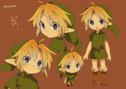 Rule 34 | 1boy, ahoge, artist name, belt, belt buckle, blonde hair, blue eyes, blush, boots, brown background, brown belt, brown footwear, buckle, closed mouth, collared shirt, commentary request, expressionless, facing away, fairy, full body, green headwear, green shirt, hand on own hip, hands up, hat, link, looking at viewer, male focus, multiple views, navi, nintendo, parted bangs, pointy ears, shirt, short hair, short sleeves, sidelocks, simple background, smile, the legend of zelda, the legend of zelda: ocarina of time, tokuura, twitter username, upper body, young link
