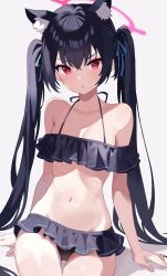 Rule 34 | 1girl, animal ear fluff, animal ears, arm support, bare shoulders, bikini, black bikini, blue archive, blue hair, blush, cat ears, chikoku, collarbone, commentary, dark blue hair, extra ears, flat chest, frilled bikini, frills, halo, halterneck, highres, looking at viewer, navel, official alternate costume, red eyes, serika (blue archive), serika (swimsuit) (blue archive), simple background, sitting, solo, stomach, swimsuit, twintails, white background