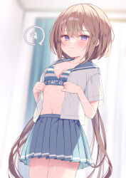 Rule 34 | 1girl, blue bra, blue sailor collar, blue skirt, blurry, blurry background, blush, bra, breasts, closed mouth, collarbone, commentary request, cowboy shot, dutch angle, ebihara beniko, highres, indoors, light brown hair, long hair, looking at viewer, medium breasts, miniskirt, navel, original, pleated skirt, purple eyes, sailor collar, sailor shirt, school uniform, serafuku, shirt, short sleeves, skirt, solo, standing, striped bra, striped clothes, twintails, underwear, undressing, very long hair, white shirt