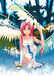 Rule 34 | 00s, 1girl, alternate hairstyle, amano kozue, aria (manga), arm up, armpits, bare shoulders, breasts, cleavage, collarbone, dress, fingerless gloves, forest, gloves, green eyes, long hair, looking at viewer, mizunashi akari, nature, official art, outdoors, palm tree, pink hair, plant, short hair with long locks, side slit, single glove, solo, tree, white dress