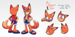 Rule 34 | 1boy, absurdres, animal ears, blue footwear, blue shorts, character name, character sheet, collared shirt, color guide, commentary, english commentary, eyewear on head, flip-flops, fox, fox boy, fox ears, fox tail, furry, gradient background, hands on own hips, hazco fox, highres, male swimwear, multiple views, open clothes, open shirt, orange eyes, red shirt, sandals, second-party source, shirt, shorts, simple background, sunglasses, swim trunks, tail, thasa, vip virtual players, virtual youtuber, white-framed eyewear