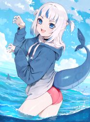 Rule 34 | :d, absurdres, ass, black choker, blue eyes, blue hair, blue hoodie, blue nails, blue sky, blunt bangs, blush, choker, cloud, drawstring, fins, fish tail, gawr gura, hair ornament, highres, hololive, hololive english, hood, hoodie, long hair, long sleeves, looking at viewer, multicolored hair, nail polish, ocean, open mouth, outdoors, shark fin, shark girl, shark hair ornament, shark tail, sharp teeth, sky, smile, standing, streaked hair, swimsuit, tail, teeth, two side up, vertigris, virtual youtuber, wading, water, white hair