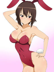 Rule 34 | 10s, 1girl, animal ears, arm up, armpits, bare arms, bare legs, bare shoulders, blush, breasts, brown eyes, brown hair, cleavage, collarbone, covered navel, cowboy shot, fake animal ears, fake tail, female focus, girls und panzer, gradient background, hair between eyes, hand on own hip, highleg, highres, kagemusha, large breasts, legs, leotard, looking at viewer, neck, nishizumi maho, playboy bunny, rabbit ears, rabbit tail, serious, shiny skin, short hair, shy, solo, standing, strapless, strapless leotard, tail