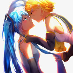 Rule 34 | 2girls, :o, absurdres, aqua hair, bare shoulders, black detached sleeves, blonde hair, blue eyes, blue hair, blue necktie, blurry, blush, bow, closed eyes, collared shirt, couple, depth of field, detached sleeves, girl on top, grey background, hair between eyes, hair bow, hair ornament, hairclip, hand on another&#039;s shoulder, hatsune miku, highres, illian-san, imminent kiss, kagamine rin, light blue hair, long hair, looking at another, multiple girls, neck, necktie, open mouth, pulling, school uniform, serafuku, shade, shirt, short hair, simple background, sleeveless, sleeveless shirt, twintails, upper body, vocaloid, white background, white bow, white shirt, yuri