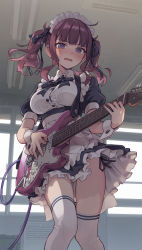 Rule 34 | 1girl, breasts, button gap, cevio, electric guitar, feet out of frame, frills, guitar, hair ribbon, highres, holding, holding instrument, indoors, instrument, kaito (k4itoh), knees together feet apart, light particles, looking at viewer, maid headdress, medium breasts, mole, mole under eye, music, natsuki karin, neck ribbon, open mouth, panties, partially unbuttoned, playing instrument, plectrum, puffy short sleeves, puffy sleeves, purple eyes, purple hair, ribbon, short hair, short sleeves, side-tie panties, solo, standing, synthesizer v, thighhighs, thighs, twintails, underwear, white thighhighs, wrist cuffs