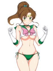 Rule 34 | 1girl, bare shoulders, bikini, bishoujo senshi sailor moon, blush, body blush, bow, breasts, brooch, brown hair, choker, clenched hands, closed mouth, collarbone, cowboy shot, crop top, crop top overhang, gem, gloves, gluteal fold, green bikini, green choker, green eyes, hands up, highres, jchoy, jewelry, kino makoto, long hair, looking at viewer, medium breasts, navel, pink bow, ponytail, sailor jupiter, shiny skin, side-tie bikini bottom, simple background, smile, solo, standing, stomach, swimsuit, tareme, thigh gap, underboob, w arms, white background, white gloves