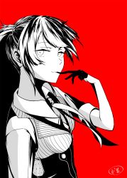 Rule 34 | 1girl, arm at side, biting, black gloves, braid, breasts, collared shirt, corset, floating hair, from side, girls&#039; frontline, glove biting, gloves, half gloves, highres, limited palette, looking at viewer, medium breasts, necktie, red background, shirt, short hair, sidelocks, signature, simple background, sleeves rolled up, solo, striped clothes, striped vest, twintails, vest, wangbrian, welrod mkii (girls&#039; frontline)