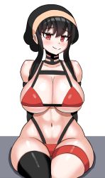 Rule 34 | 1girl, absurdres, arms behind back, black hair, breasts, closed mouth, genki2d, hairband, highres, large breasts, looking at viewer, navel, red eyes, sidelocks, sitting, smile, solo, spy x family, stomach, thick thighs, thighs, yellow hairband, yor briar