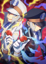 Rule 34 | 2boys, :d, black coat, black headwear, blouse, blue necktie, brothers, coat, collared shirt, commentary request, creatures (company), dress shirt, electricity, emmet (pokemon), game freak, gloves, grey eyes, grey hair, hand up, hat, high collar, highres, holding, holding poke ball, ingo (pokemon), long sideburns, long sleeves, male focus, minamo (erkn7553), multiple boys, necktie, nintendo, open mouth, peaked cap, poke ball, poke ball (basic), pokemon, pokemon bw, shirt, short hair, siblings, sideburns, smile, tongue, trench coat, white coat, white gloves, white headwear, white shirt
