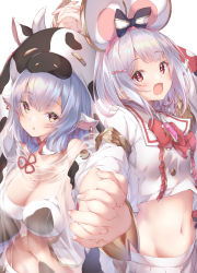 Rule 34 | 2girls, absurdres, animal ears, animal print, black bow, blue hair, bow, bowtie, breasts, brooch, catura (granblue fantasy), cleavage, commentary request, cow ears, cow hat, cow print, detached sleeves, draph, granblue fantasy, hair bow, hair ornament, hairclip, heart, heart brooch, highres, holding hands, interlocked fingers, jewelry, large breasts, looking at viewer, midriff, mouse ears, multiple girls, navel, open mouth, red eyes, red neckwear, see-through, short hair, silver hair, simple background, ukiwakisen, vikala (granblue fantasy), white background, yellow eyes