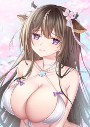 Rule 34 | 1girl, absurdres, animal ears, azur lane, bikini, blurry, blurry background, breasts, brown hair, cow ears, cow girl, cow horns, criss-cross halter, flower, hair flower, hair ornament, halterneck, highres, horns, huge breasts, kashino (hot springs relaxation) (azur lane), kashino (azur lane), long hair, looking at viewer, multi-strapped bikini, official alternate costume, purple eyes, qiao gongzi, solo, swimsuit, very long hair, white bikini, white flower