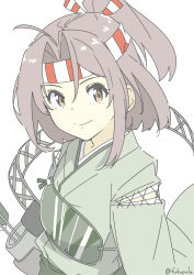 Rule 34 | 1girl, brown eyes, fubupula, grey hair, hachimaki, headband, high ponytail, highres, japanese clothes, kantai collection, long hair, looking at viewer, one-hour drawing challenge, ponytail, quiver, simple background, smile, solo, twitter username, upper body, white background, zuihou (kancolle), zuihou kai (kancolle)