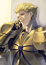 Rule 34 | 1boy, armor, armored gloves, blonde hair, earrings, fate/stay night, fate (series), gilgamesh (fate), gold armor, grin, hair slicked back, hand on own cheek, hand on own face, index finger raised, jewelry, male focus, parted lips, pauldrons, shoulder armor, smile, solo, upper body, yukiyago