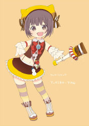 Rule 34 | 1girl, :d, animal ears, brown eyes, brown hair, commentary request, detached sleeves, full body, looking at viewer, magical girl, midriff, miyata (lhr), navel, open mouth, smile, solo, striped clothes, striped thighhighs, suspenders, thighhighs, wand, yukico-tan, yukijirushi, zettai ryouiki