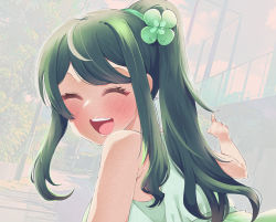 Rule 34 | 1girl, :d, blush, closed eyes, clover hair ornament, day, facing viewer, green hair, hair ornament, highres, indie virtual youtuber, leaning forward, open mouth, outdoors, pointing, ponytail, smile, sumi suya, sunao na kapipara, upper body, virtual youtuber