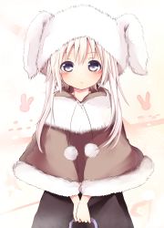 Rule 34 | 1girl, :/, animal hat, blush, hat, highres, holding, long hair, original, rabbit hat, solo, tosura-ayato, v arms, white eyes, white hair, winter clothes