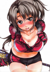 Rule 34 | 1girl, absurdres, arima jin, black eyes, black hair, blush, breasts, cleavage, collarbone, comic sigma, downblouse, gloves, highres, large breasts, long hair, looking at viewer, midriff, navel, open mouth, ponytail, red gloves, scan, short shorts, shorts, simple background, solo, sweat, tan, tanline, thigh gap, white background