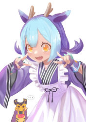 Rule 34 | ..., 1girl, 1other, animal ears, apron, blue hair, commentary, cowboy shot, double v, dragon girl, dragon horns, dragonmaid (yu-gi-oh!), duel monster, eldlich the golden lord, gloves, highres, horns, japanese clothes, kimono, korean commentary, laundry dragonmaid, maid, mixed-language commentary, multicolored hair, short hair, simple background, smile, solo focus, v, wa maid, white background, yeeon, yellow eyes, yu-gi-oh!