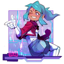 Rule 34 | 1girl, blue hair, blue shorts, bodysuit, bodysuit under clothes, cropped jacket, dark-skinned female, dark skin, finger gun, from behind, grin, highres, jacket, looking back, one eye closed, open clothes, open jacket, original, ponytail, purple eyes, red jacket, shorts, signature, smile, solo, sui (suizilla), white bodysuit